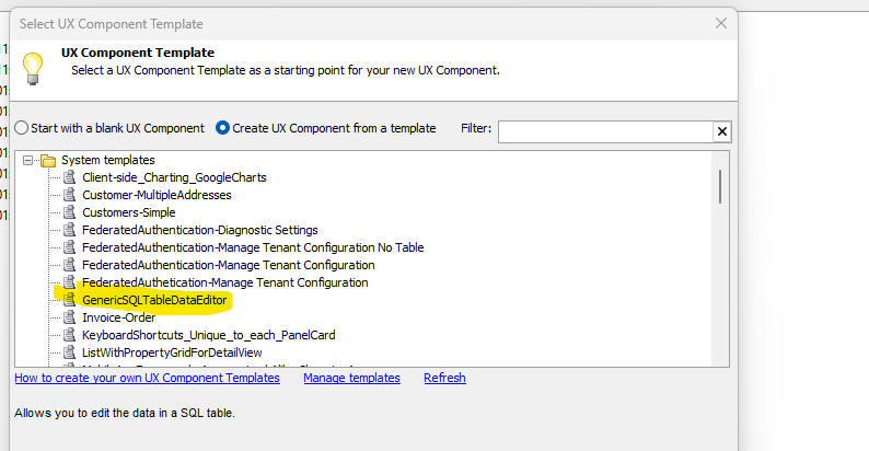 UX component based on the GenericSQLDataTableEditor template showing a dropdown
of connection strings, table list, and Spreadsheet control.